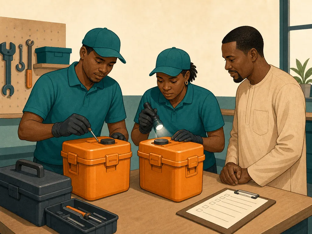 A uniformed technician checks sealed containers beside standby equipment.