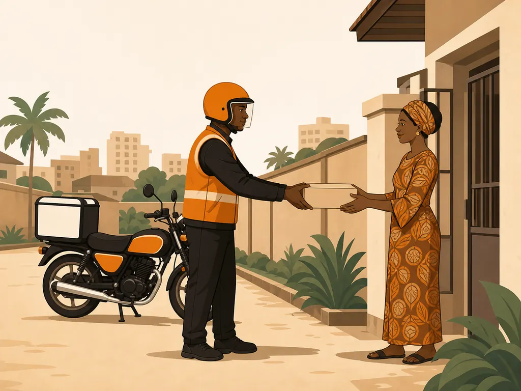 A Lagos delivery rider hands a parcel to a customer at her gate.